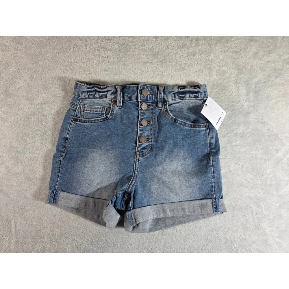 O'Neill Kelsey High Rise Cuffed Denim Shorts‎ Size 27 Pacific Blue Button Fly